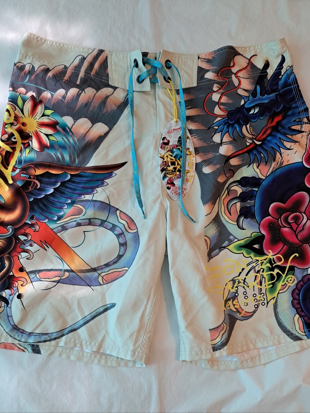 Ed Hardy White Tattoo-Print Swim Trunks NWT